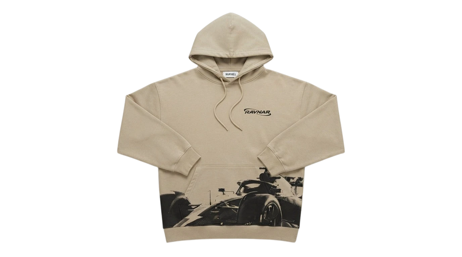 Ravnar Apex beige heavyweight hoodie with black racing car graphic and logo on chest