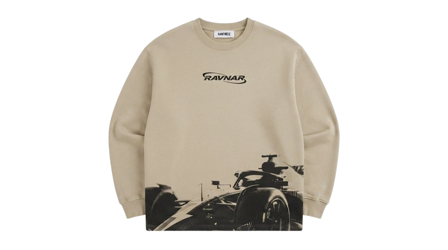 Ravnar Apex beige heavyweight sweatshirt featuring a black racing car graphic and branded chest logo.