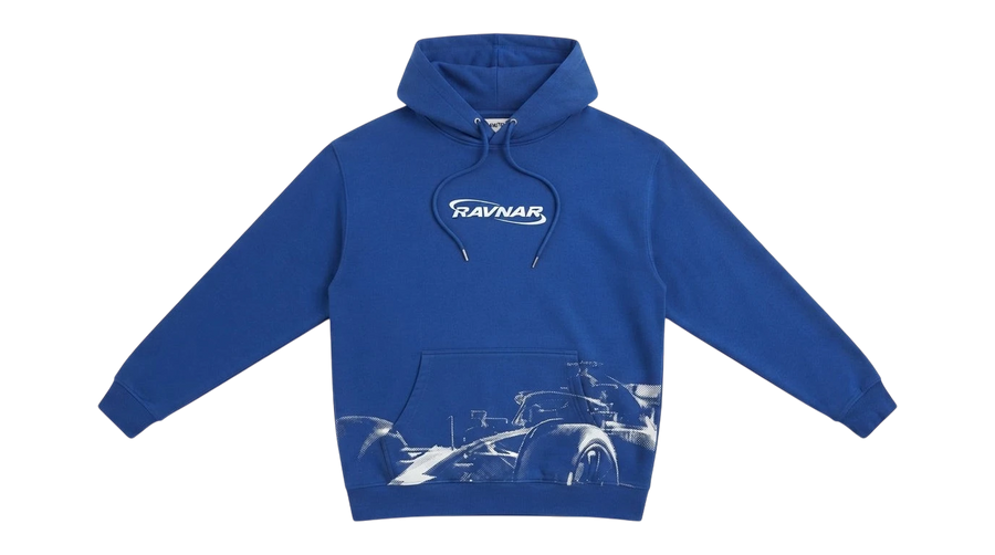 Ravnar Apex royal blue heavyweight hoodie with white front logo and racing car graphic print at the hem