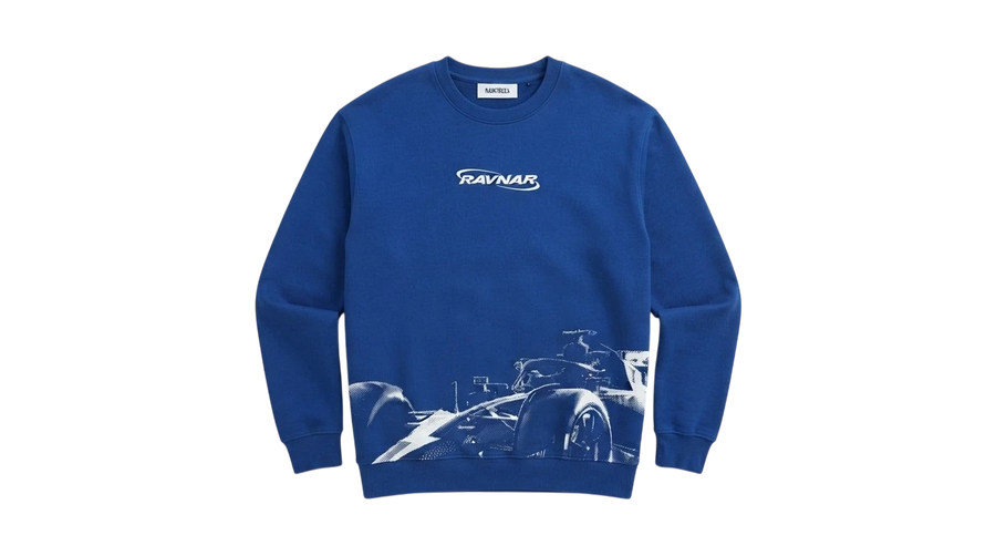 Ravnar Apex royal blue heavyweight sweatshirt with white racing car graphic and logo on chest
