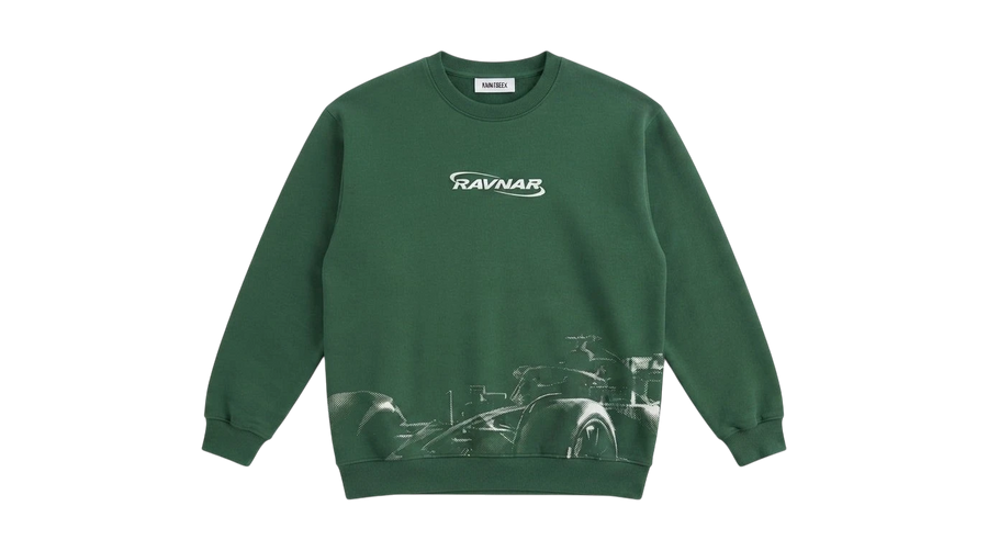Ravnar Apex dark green heavyweight cotton sweatshirt with white logo and racing car graphic print on the front.