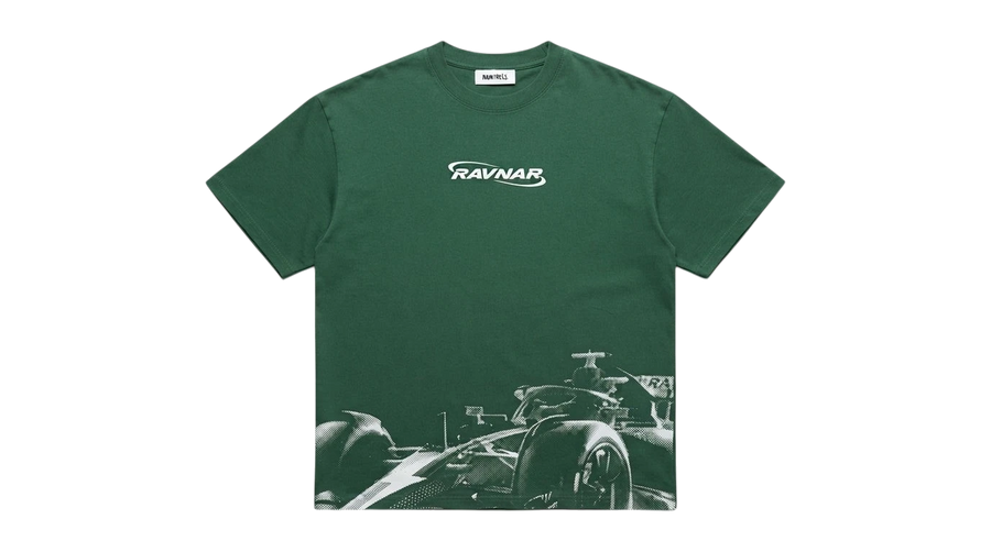 Ravnar Apex heavyweight green t-shirt with white logo and racing car graphic print on the front