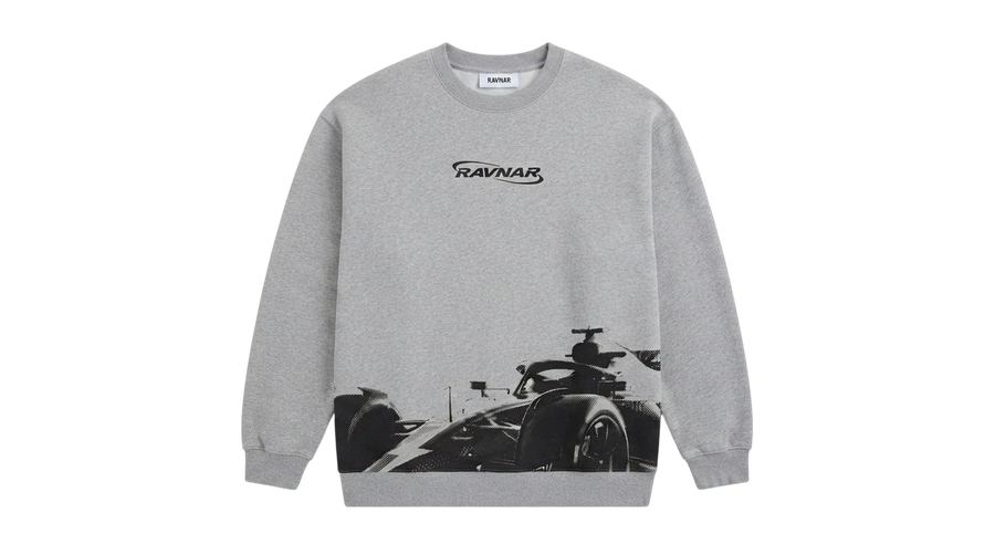 Ravnar Apex grey heavyweight sweatshirt featuring a black racing car graphic and logo on the chest.
