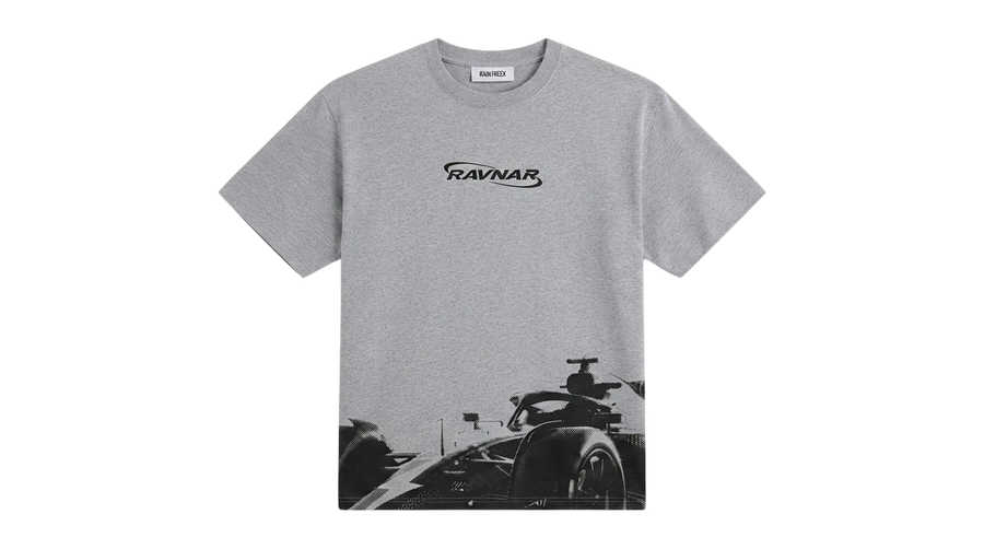 Ravnar Apex grey heavyweight cotton t-shirt with black racing car graphic print and logo on chest