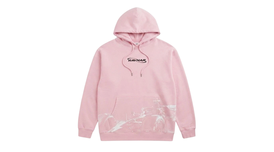 Ravnar Apex hoodie in soft pink with black chest logo and white racing car graphic on the front pocket