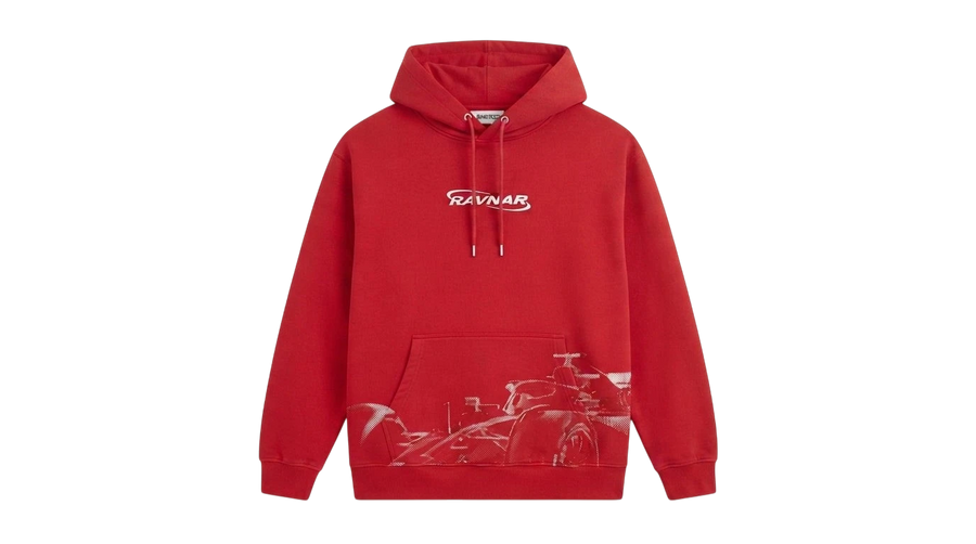 Ravnar Apex red heavyweight hoodie with white graphic print and logo on front