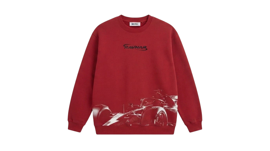 Ravnar Apex heavyweight red sweatshirt featuring a white racing car graphic and black logo on the chest