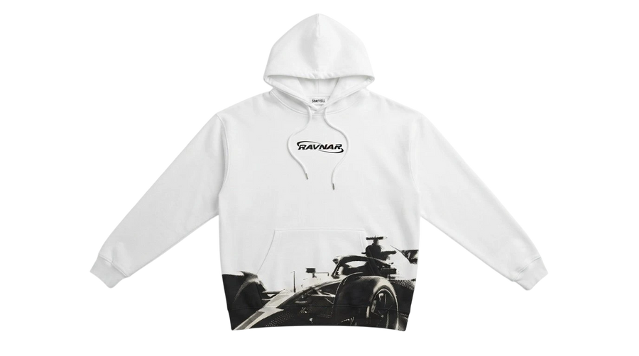 Ravnar Apex white heavyweight hoodie featuring a black and white Formula 1 race car graphic on the lower front.