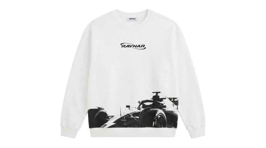 Ravnar Apex white heavyweight sweatshirt featuring a black racing car graphic and branded chest logo