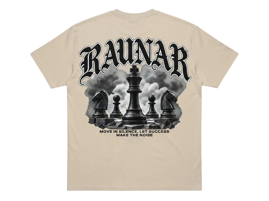 Ravnar beige heavyweight cotton t-shirt featuring a black and white chess-themed graphic print on the back.