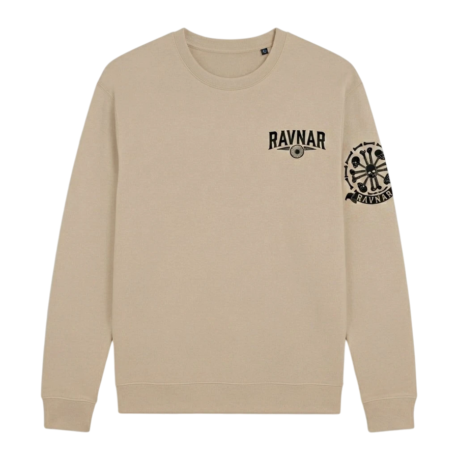 Ravnar beige heavyweight crewneck sweatshirt featuring a black chest logo and circular sleeve graphic.