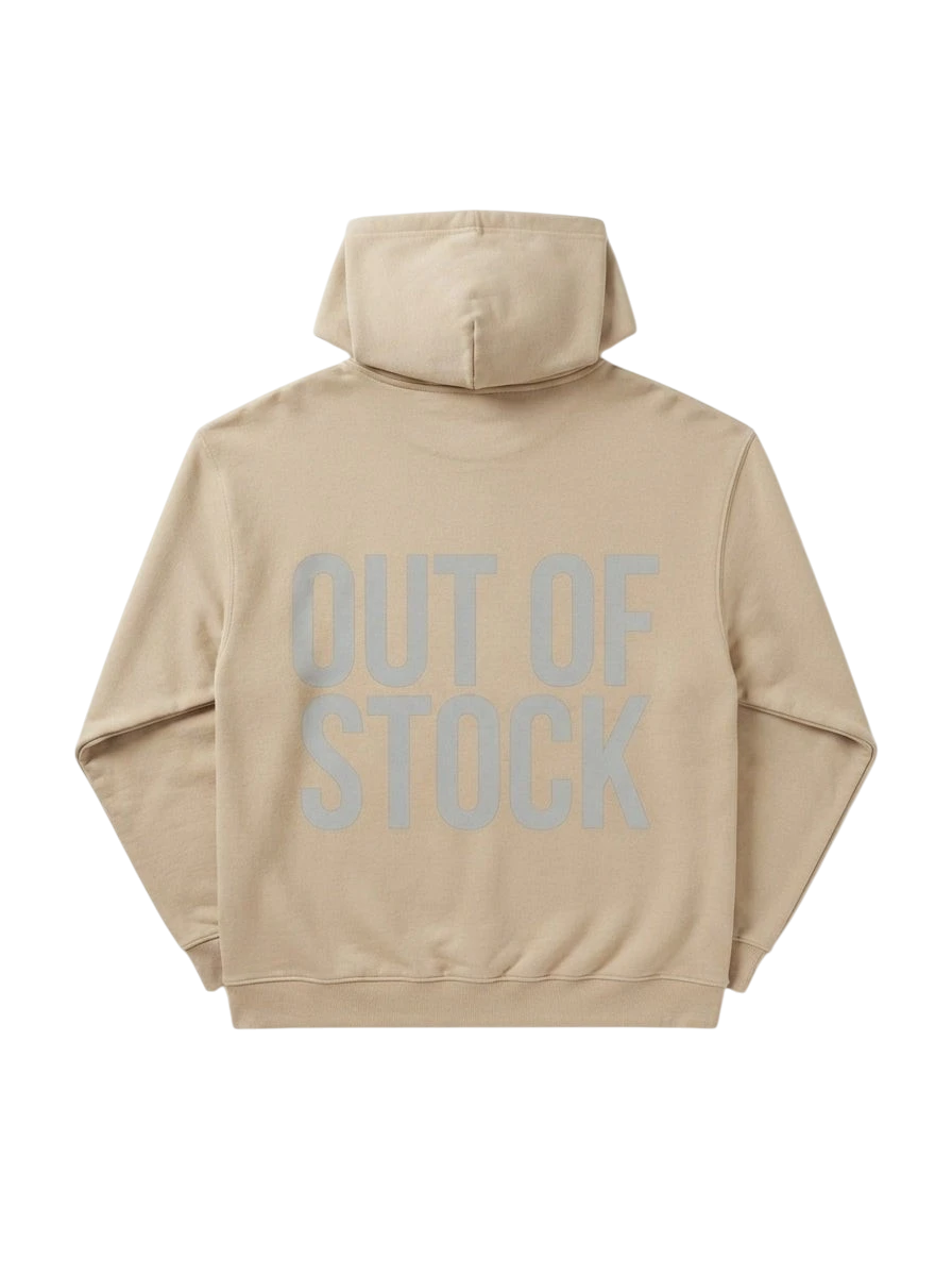 Ravnar beige heavyweight hoodie with Out of Stock text on the back, featuring a structured fit and soft interior.