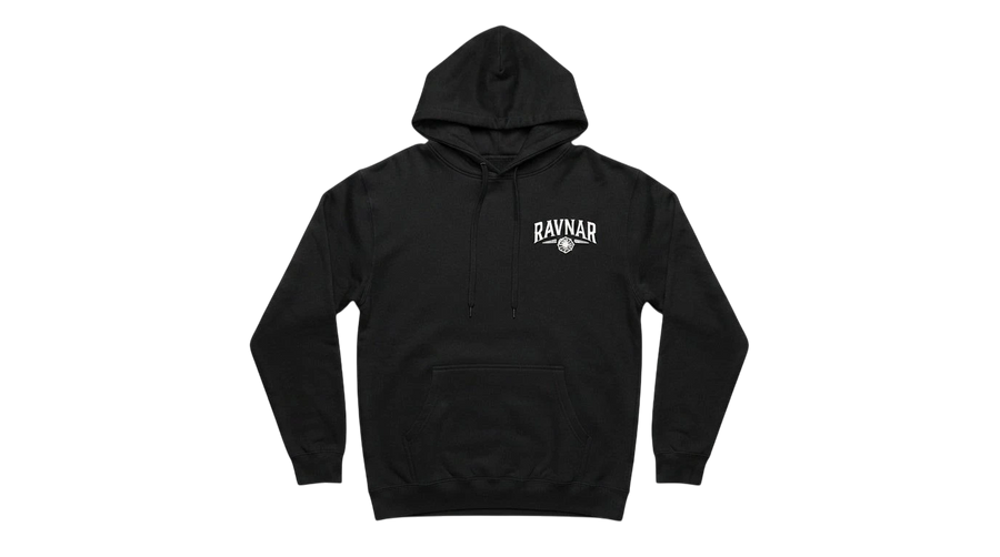 Ravnar black heavyweight cotton hoodie with white chest logo and drawstring hood