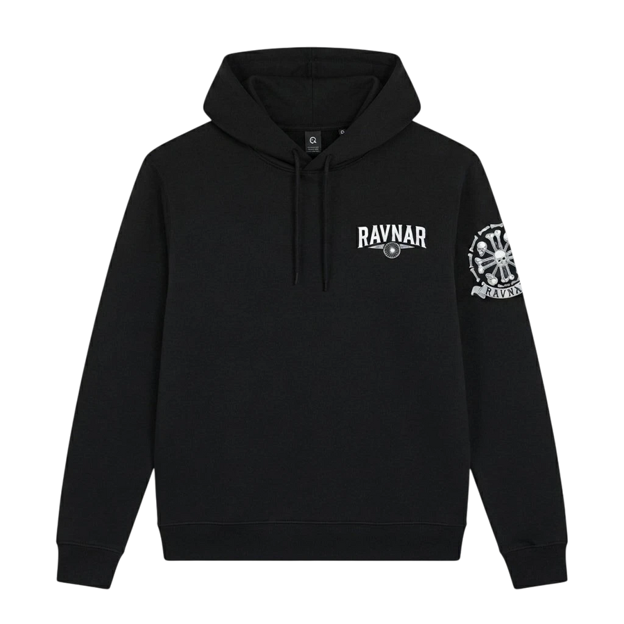 Ravnar black heavyweight hoodie featuring a white chest logo and detailed crest graphic on the sleeve.