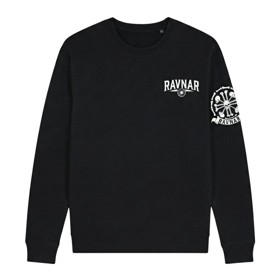 Ravnar black heavyweight sweatshirt with white chest logo and detailed skull and bone graphic on the left sleeve.