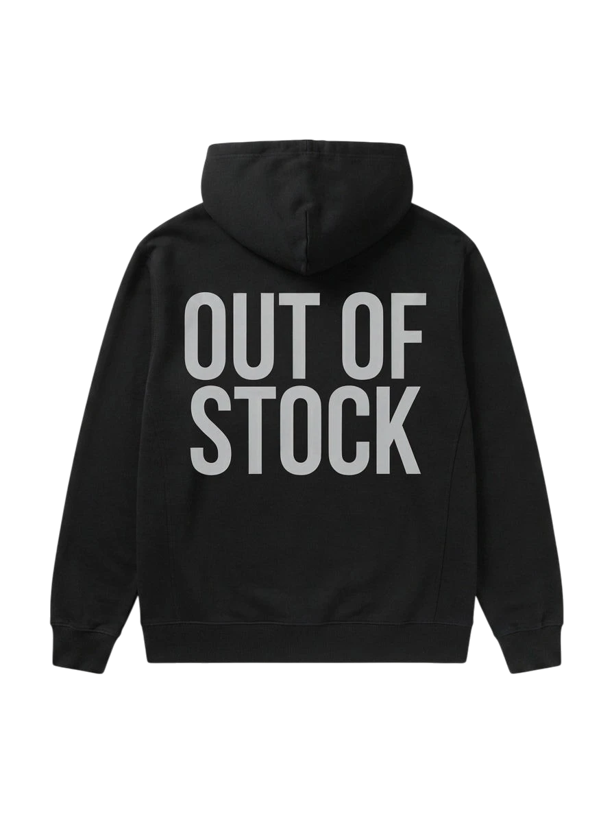 Ravnar black heavyweight hoodie with Out of Stock text printed on the back, featuring a structured fit.