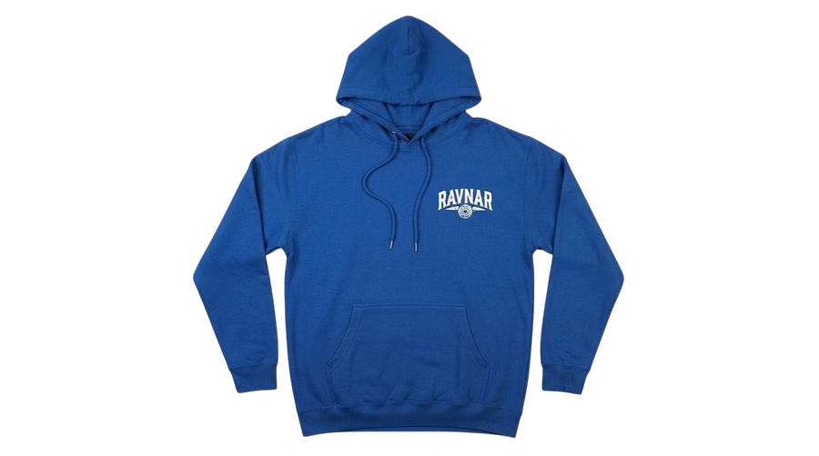 Ravnar blue heavyweight cotton hoodie with white chest logo and drawstring hood