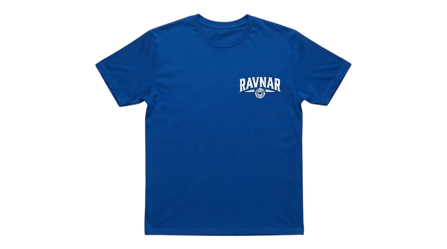 Ravnar blue heavyweight cotton t-shirt with white chest logo print on a neutral background.
