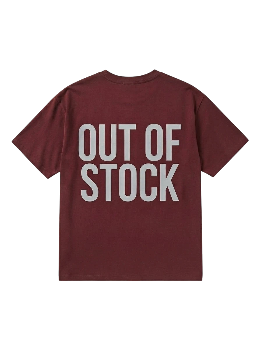Ravnar heavyweight burgundy t-shirt with Out Of Stock text printed on the back in a structured streetwear fit.