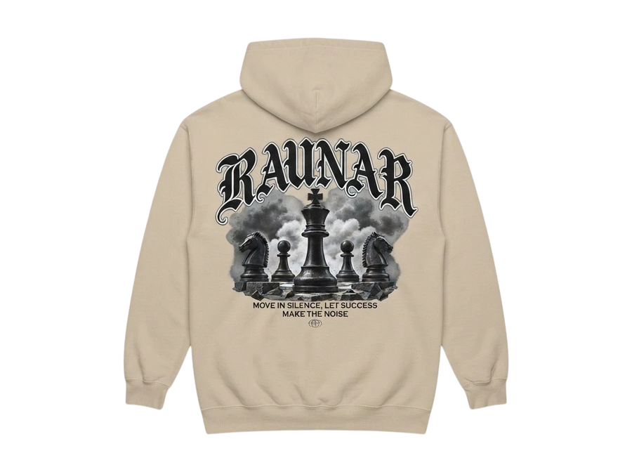 Ravnar Chackmate hoodie in beige with back graphic of black chess pieces and gothic typography