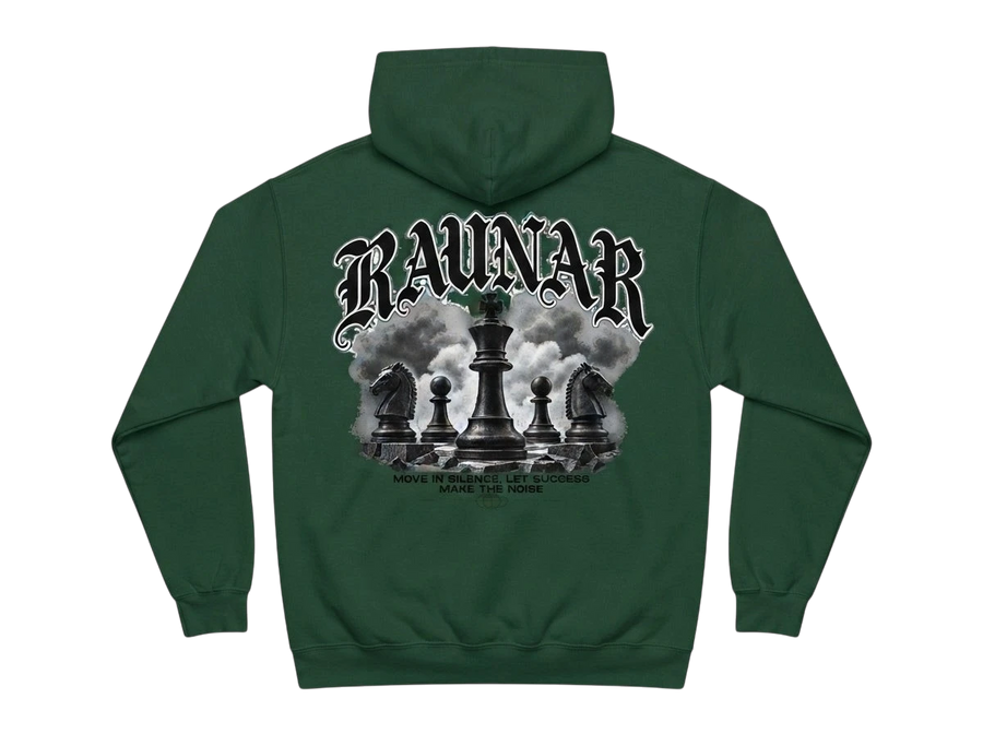 Ravnar Chackmate hoodie in dark green with a back graphic of chess pieces and gothic typography