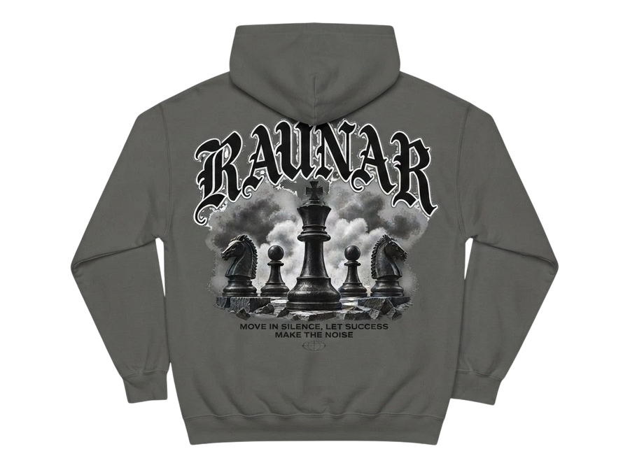 Back view of Ravnar Chackmate hoodie in charcoal grey featuring a black chess piece graphic and gothic typography.