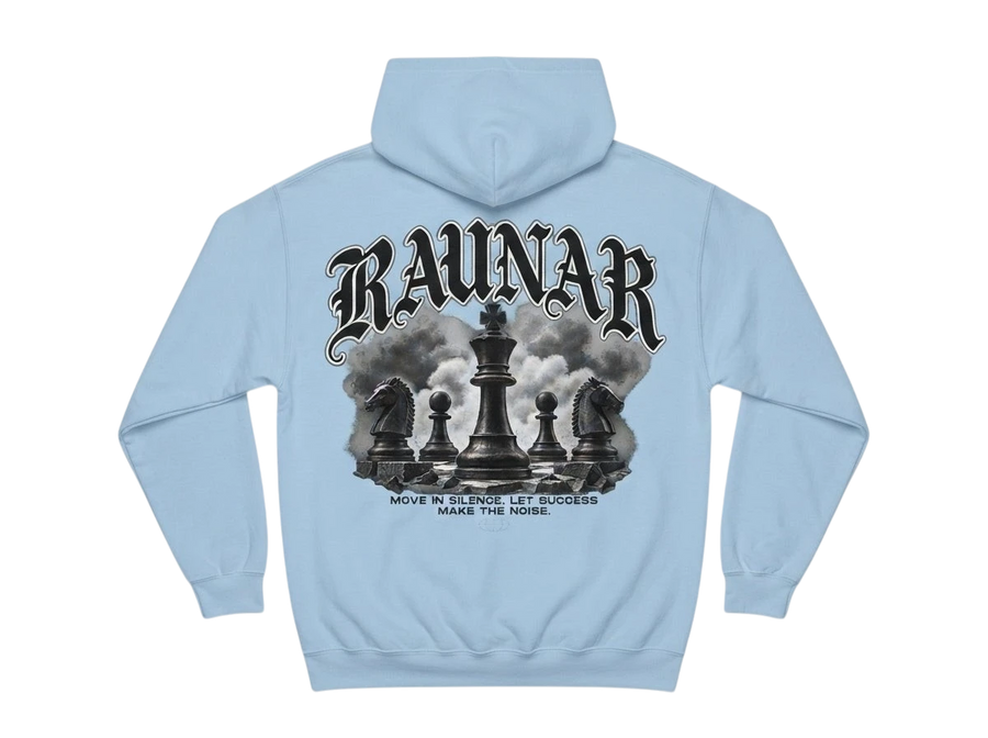 Back view of Ravnar Chackmate hoodie in light blue with black chess piece graphic and gothic brand lettering