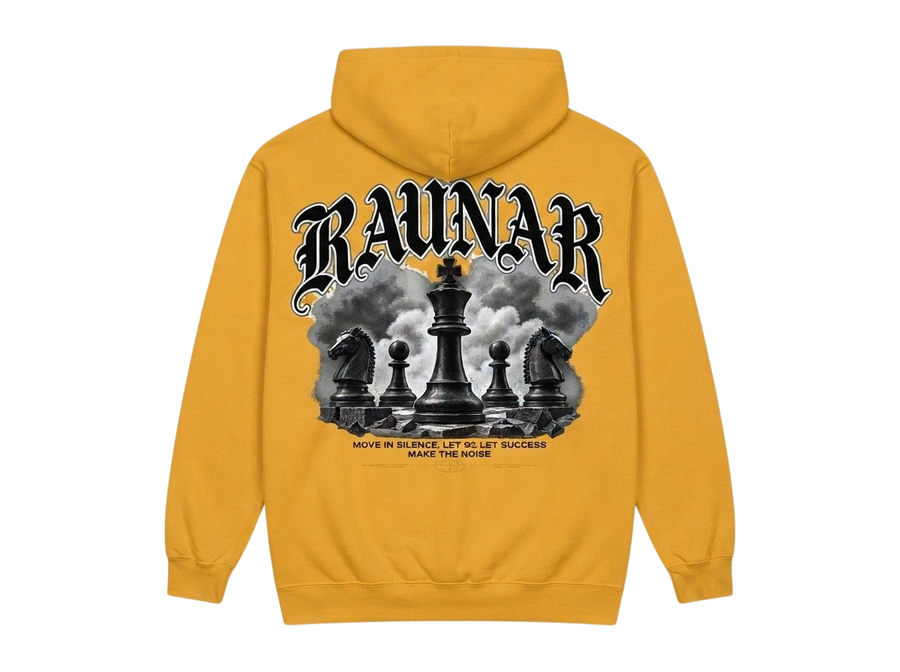 Ravnar Chackmate hoodie in mustard yellow featuring a back graphic of chess pieces and gothic typography