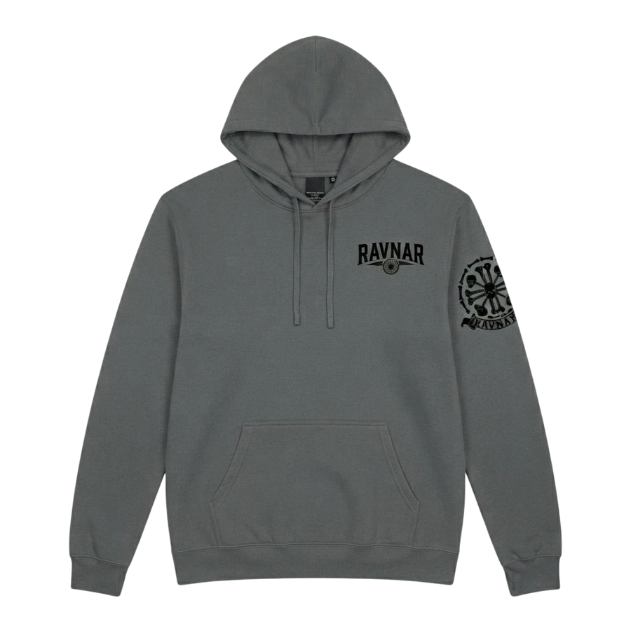 Ravnar Crest hoodie in charcoal grey featuring a black logo on the chest and a detailed circular graphic on the sleeve