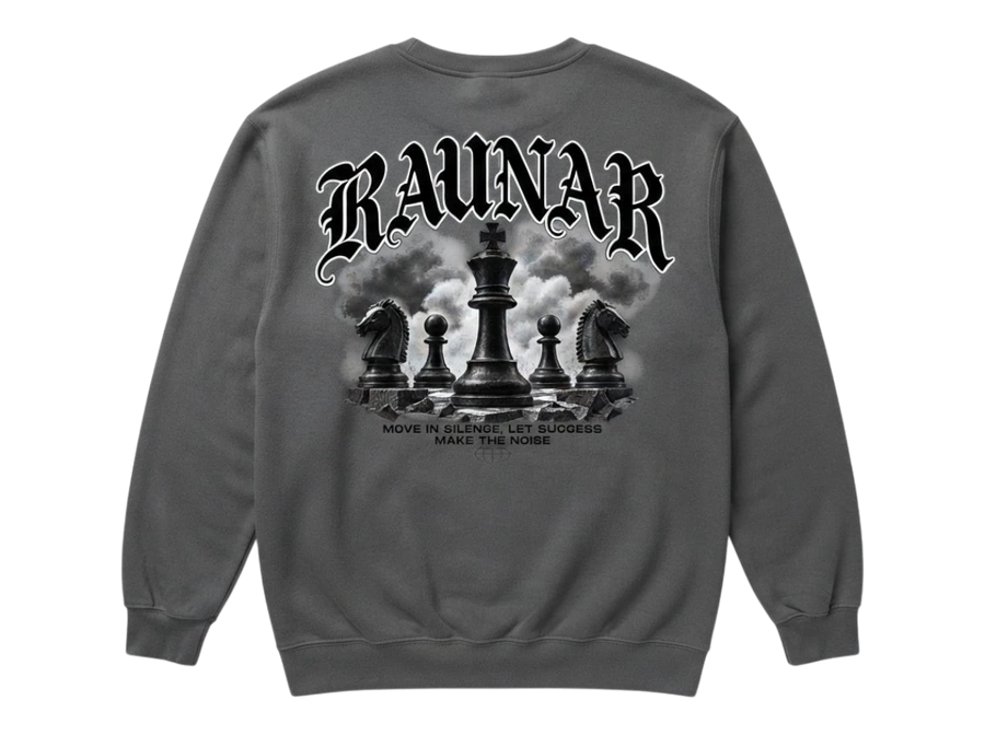 Ravnar charcoal grey heavyweight sweatshirt featuring a back graphic of chess pieces and gothic brand lettering.