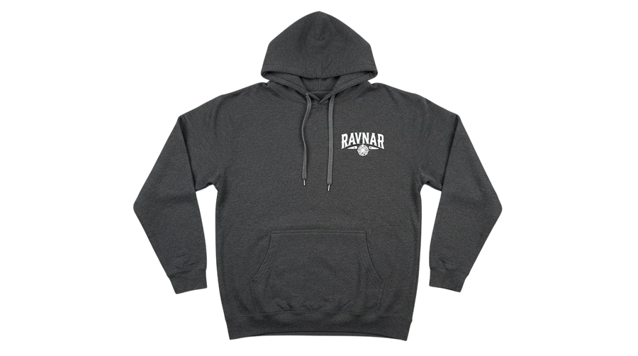 Ravnar charcoal grey heavyweight cotton hoodie with white chest logo and front kangaroo pocket