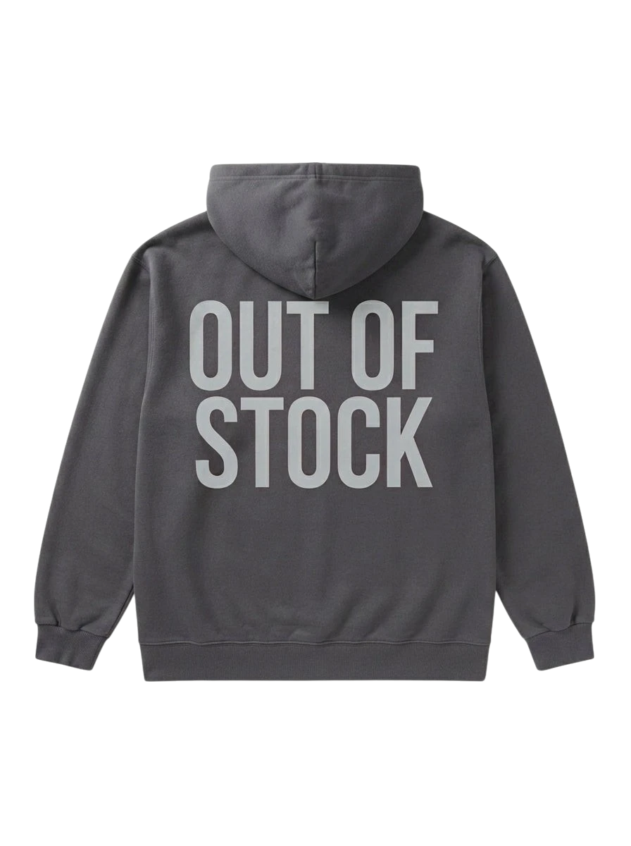 Ravnar heavyweight charcoal grey hoodie with Out of Stock text printed on the back, featuring a structured fit.