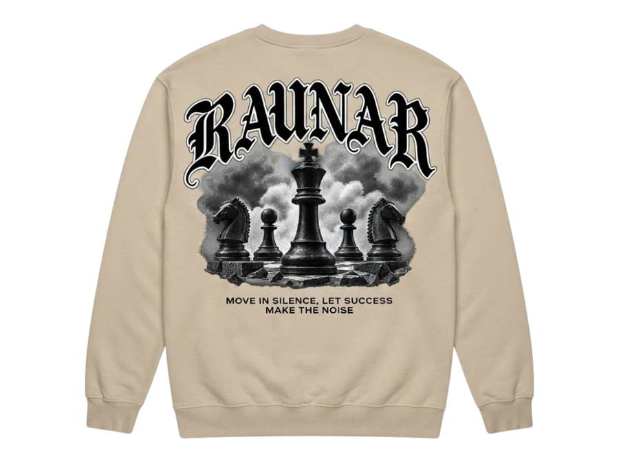 Ravnar Checkmate sweatshirt in beige featuring a back graphic of black chess pieces and gothic typography.