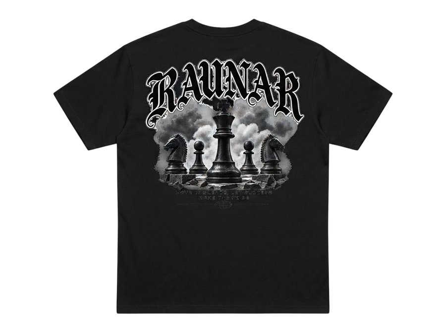 Ravnar Checkmate black heavyweight cotton t-shirt with back graphic of chess pieces and gothic branding