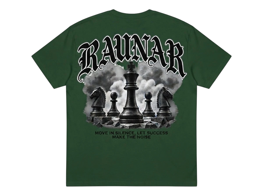 Ravnar Checkmate T-shirt in dark green with back graphic of chess pieces and gothic typography