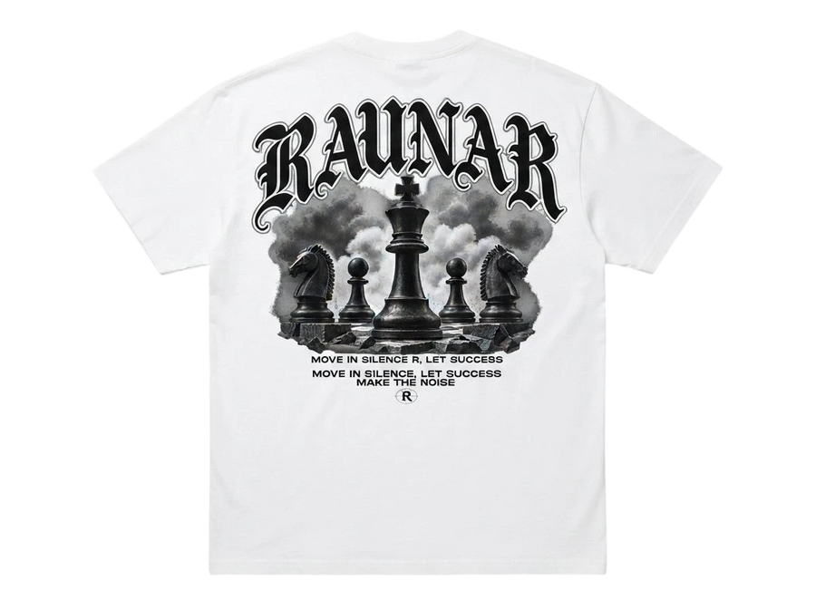 Ravnar Checkmate white heavyweight t-shirt featuring a back graphic of chess pieces and gothic typography