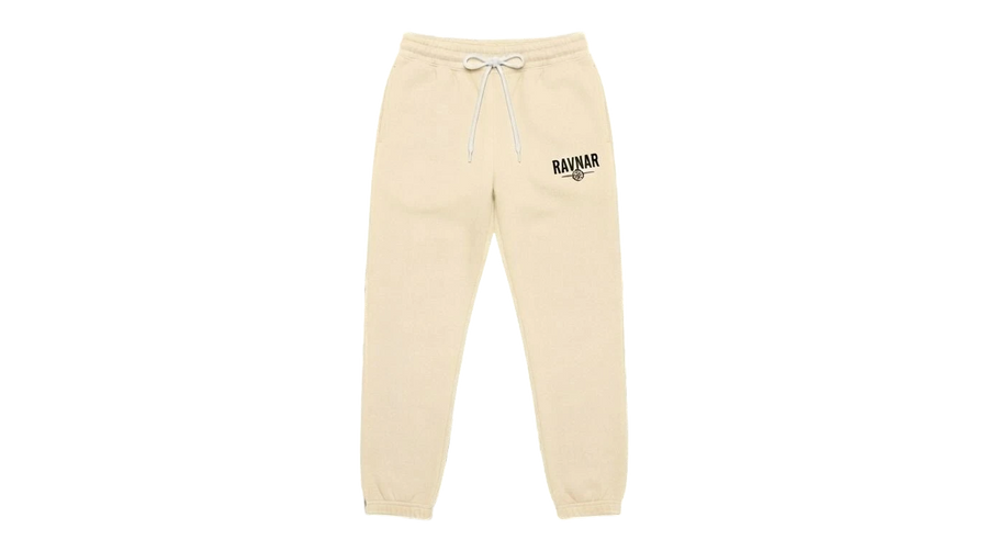 Ravnar cream heavyweight sweatpants with a drawstring waist and black logo detail on the hip.