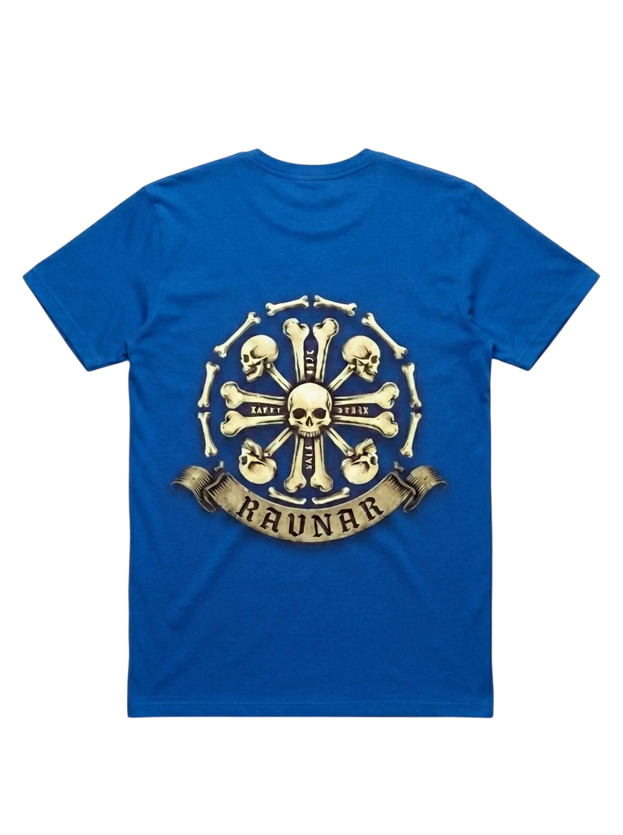 Ravnar Crown of Bone blue heavyweight t-shirt featuring a circular skull and bone graphic on the back
