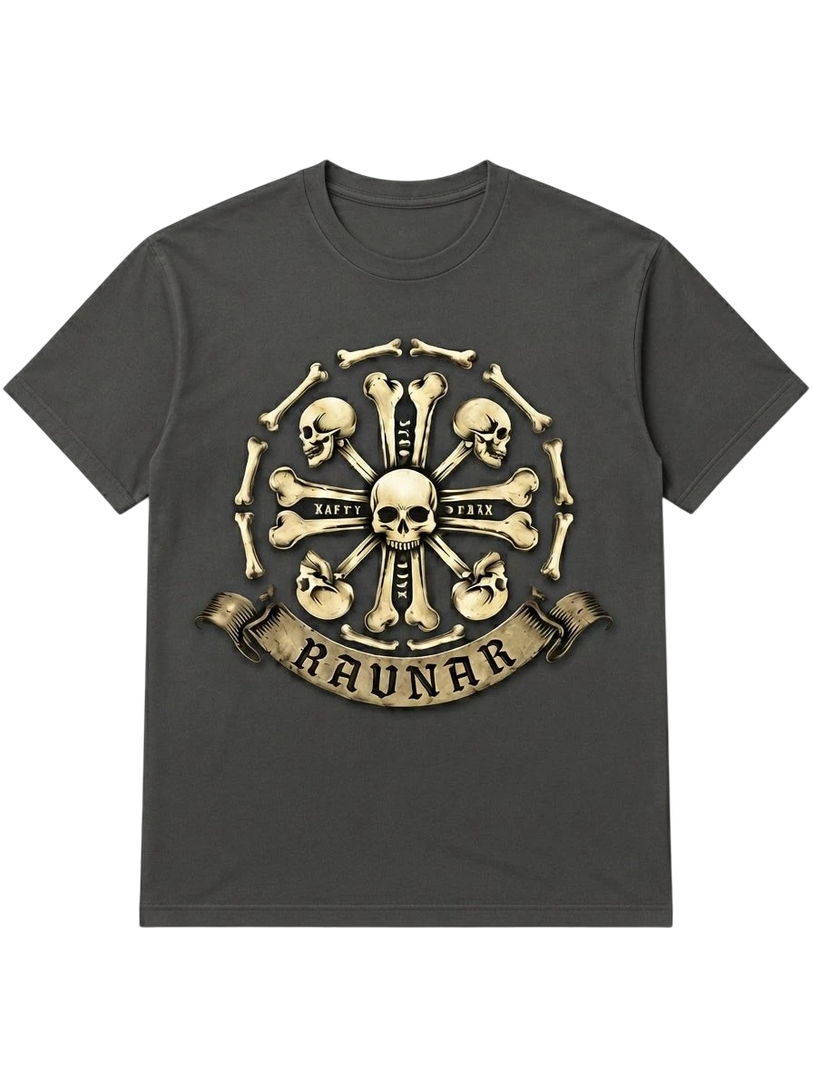 Ravnar Crown of Bone heavyweight charcoal grey t-shirt with a detailed skull and bone graphic print on the chest.