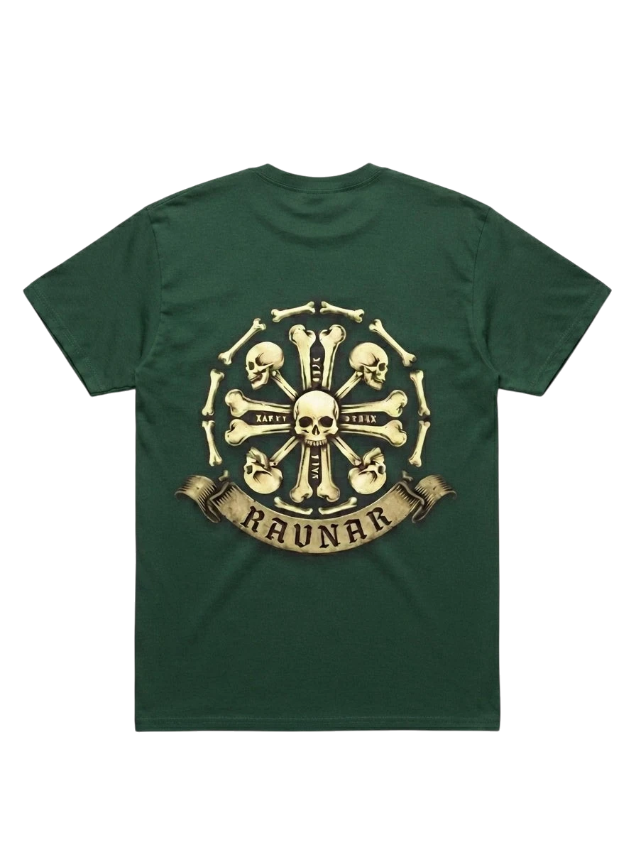 Ravnar Crown of Bone heavyweight green t-shirt with a detailed skull and bone graphic on the back