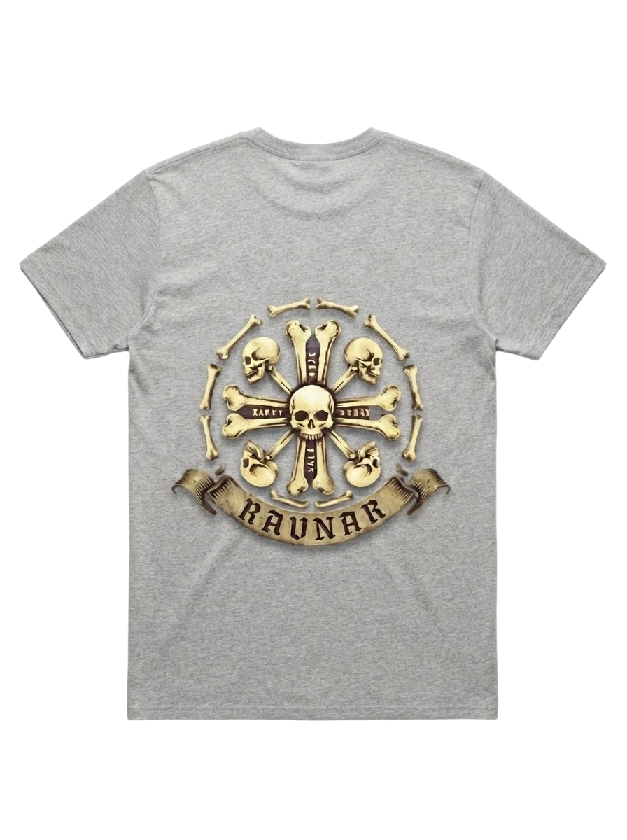 Ravnar Crown of Bone grey heavyweight t-shirt featuring a detailed skull and bone graphic on the back