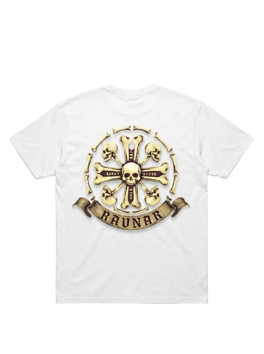 Ravnar Crown of Bone white heavyweight t-shirt featuring a detailed skull and bone graphic on the back