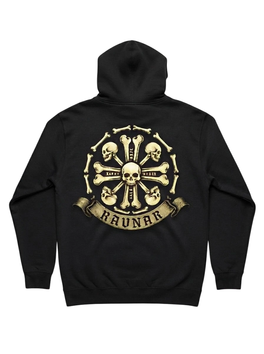 Ravnar Crown of Bones black heavyweight hoodie featuring a detailed skull and bone graphic on the back