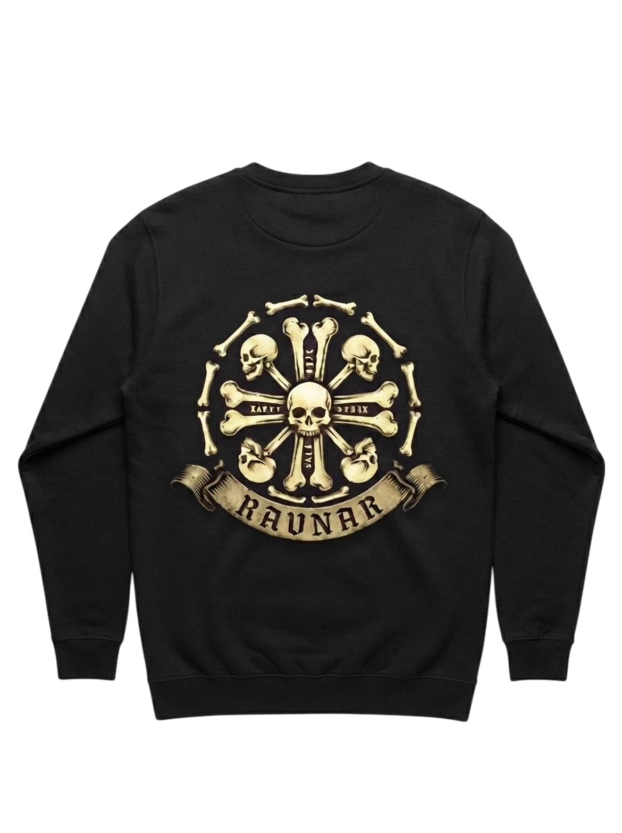 Ravnar Crown of Bones black heavyweight sweatshirt featuring a detailed skull and bone graphic on the back