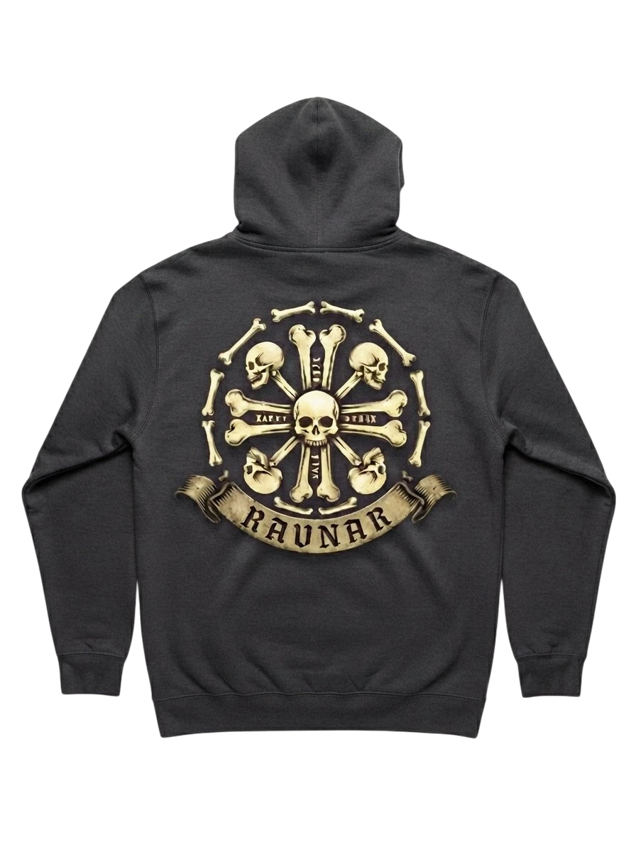Ravnar Crown of Bones hoodie in charcoal grey featuring a detailed skull and bone graphic on the back
