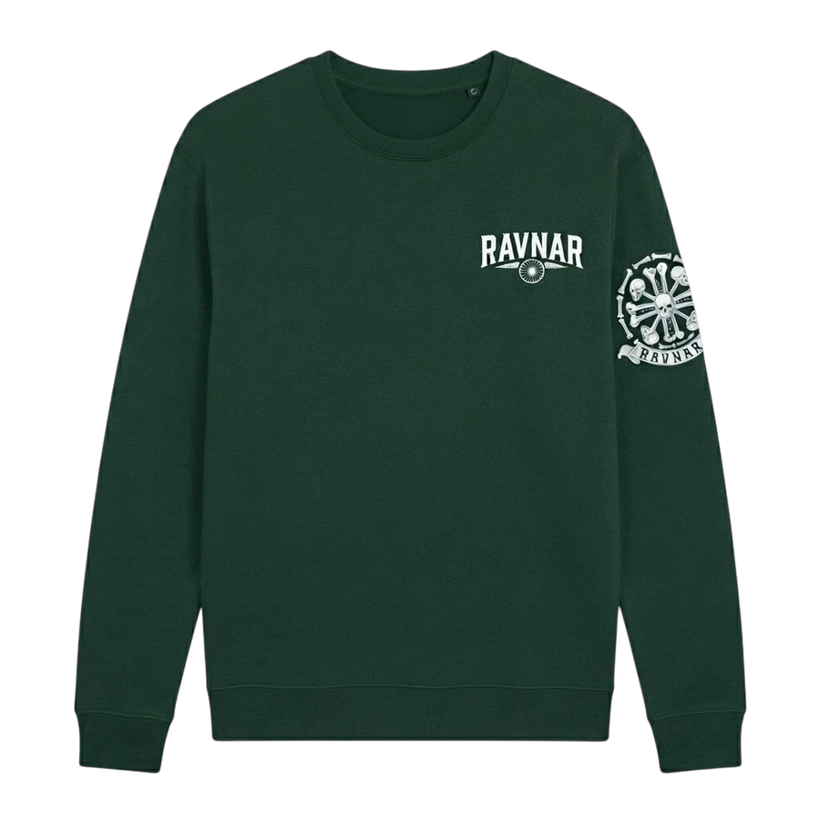 Ravnar dark green heavyweight sweatshirt with white chest logo and detailed skull crest graphic on the sleeve.