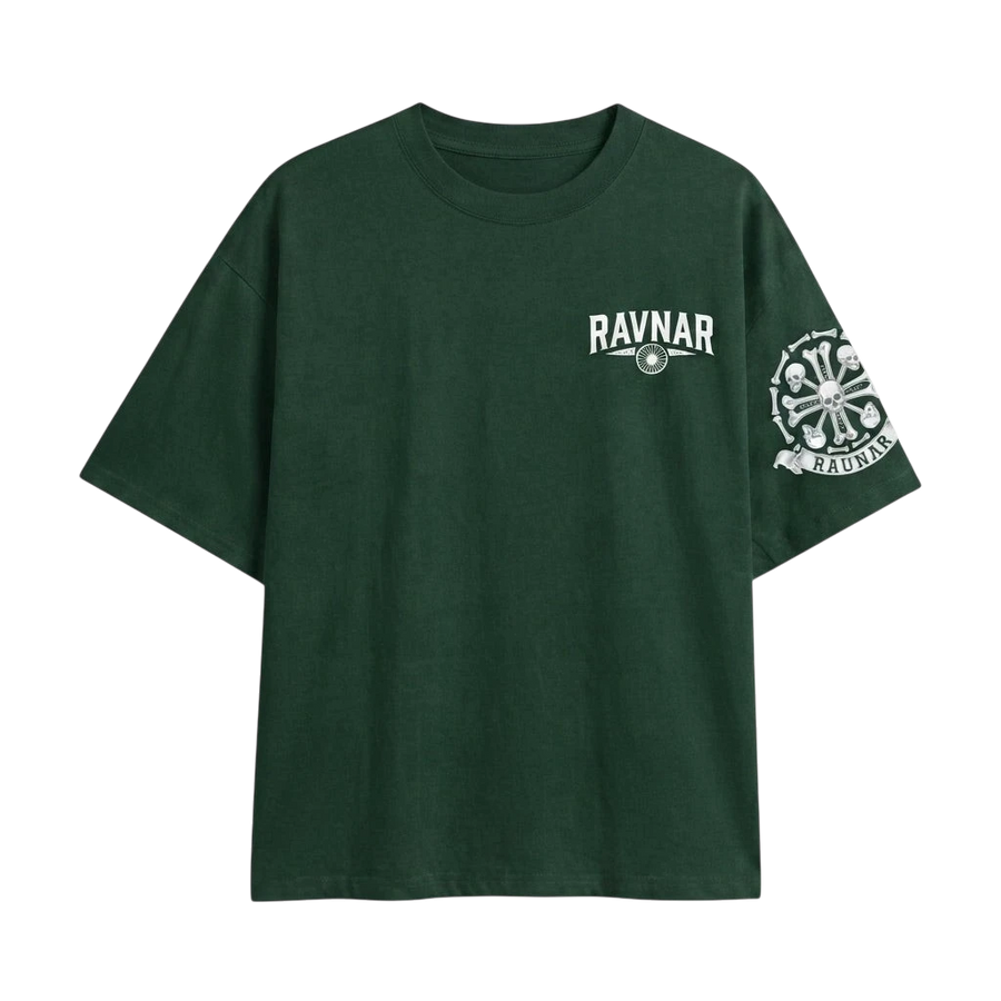 Ravnar dark green heavyweight cotton t-shirt with white chest logo and detailed crest graphic on the sleeve