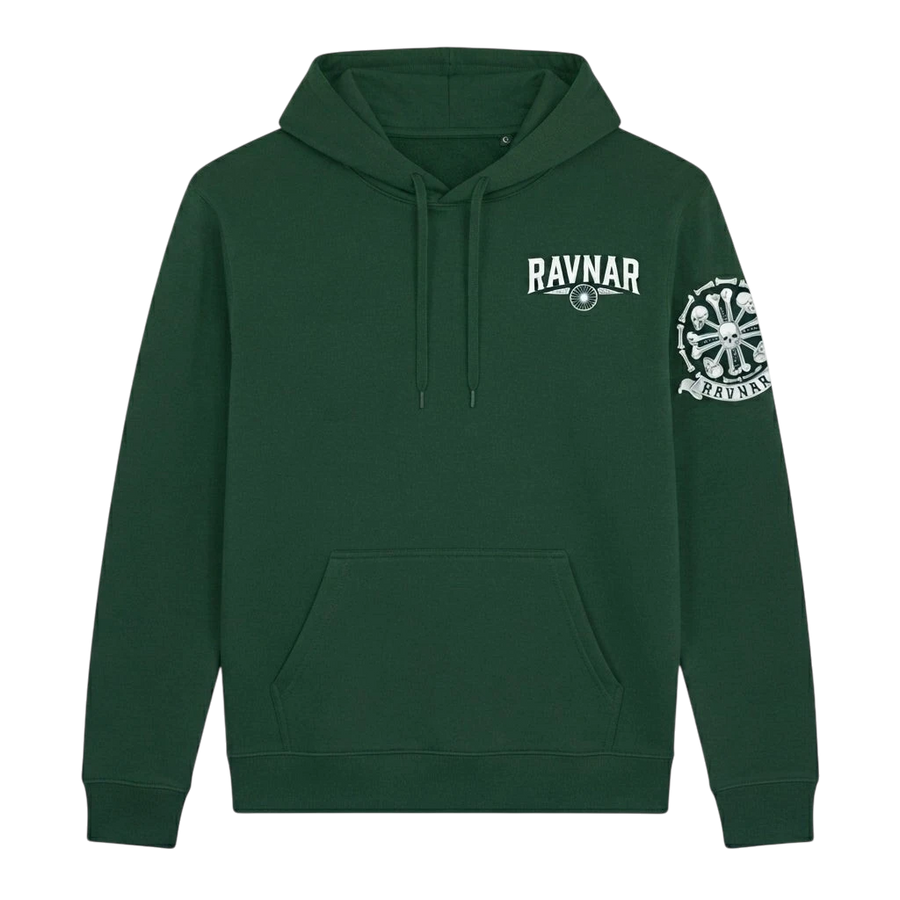 Ravnar forest green heavyweight hoodie with white chest logo and detailed skull graphic on the sleeve