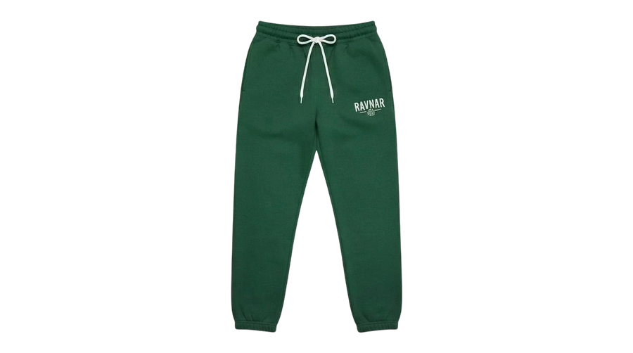 Ravnar forest green heavyweight sweatpants with white drawstring and logo detail on a neutral background