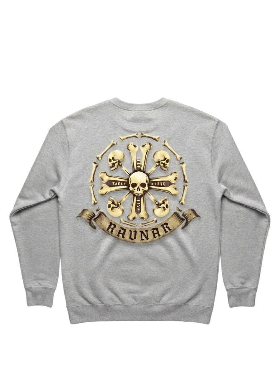 Ravnar grey heavyweight sweatshirt featuring a detailed Crown of Bones skull graphic print on the back